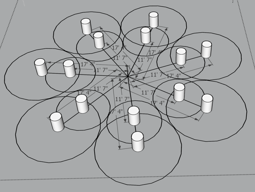 Measurements for 7 Juglans Californicas, to be planted in a circle, drawn by Milton Lau, AIA, House Museum advisor.